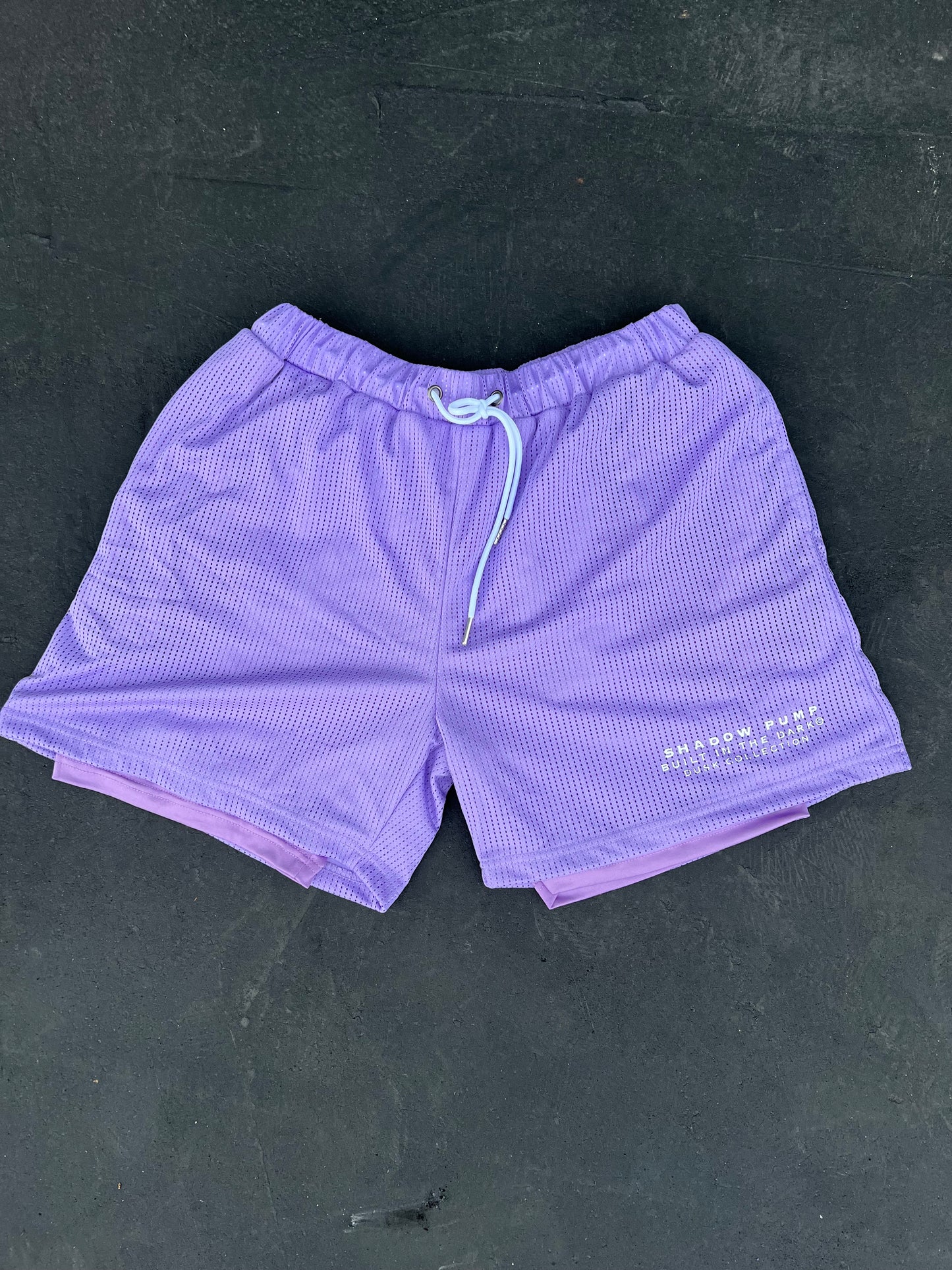 Girls Lavendar Lifting and Fitness Shorts. Mesh with built in under-shorts.